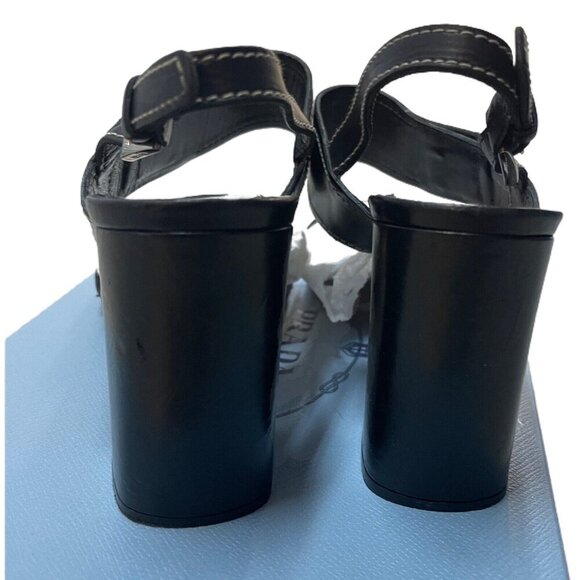 Prada Size 39.5 Leather Turnlock Slingback Sandals Black Block Heel Minimalist - Picture 5 of 15